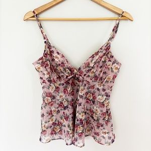 Vintage Y2K Chiffon Camisole Ditsy Floral Sheer Babydoll  Tank Top Tie Bow Small